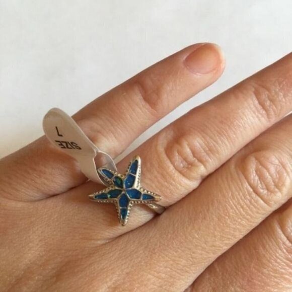 New Blue Fire Opal Starfish Ring Silver - Picture 5 of 8